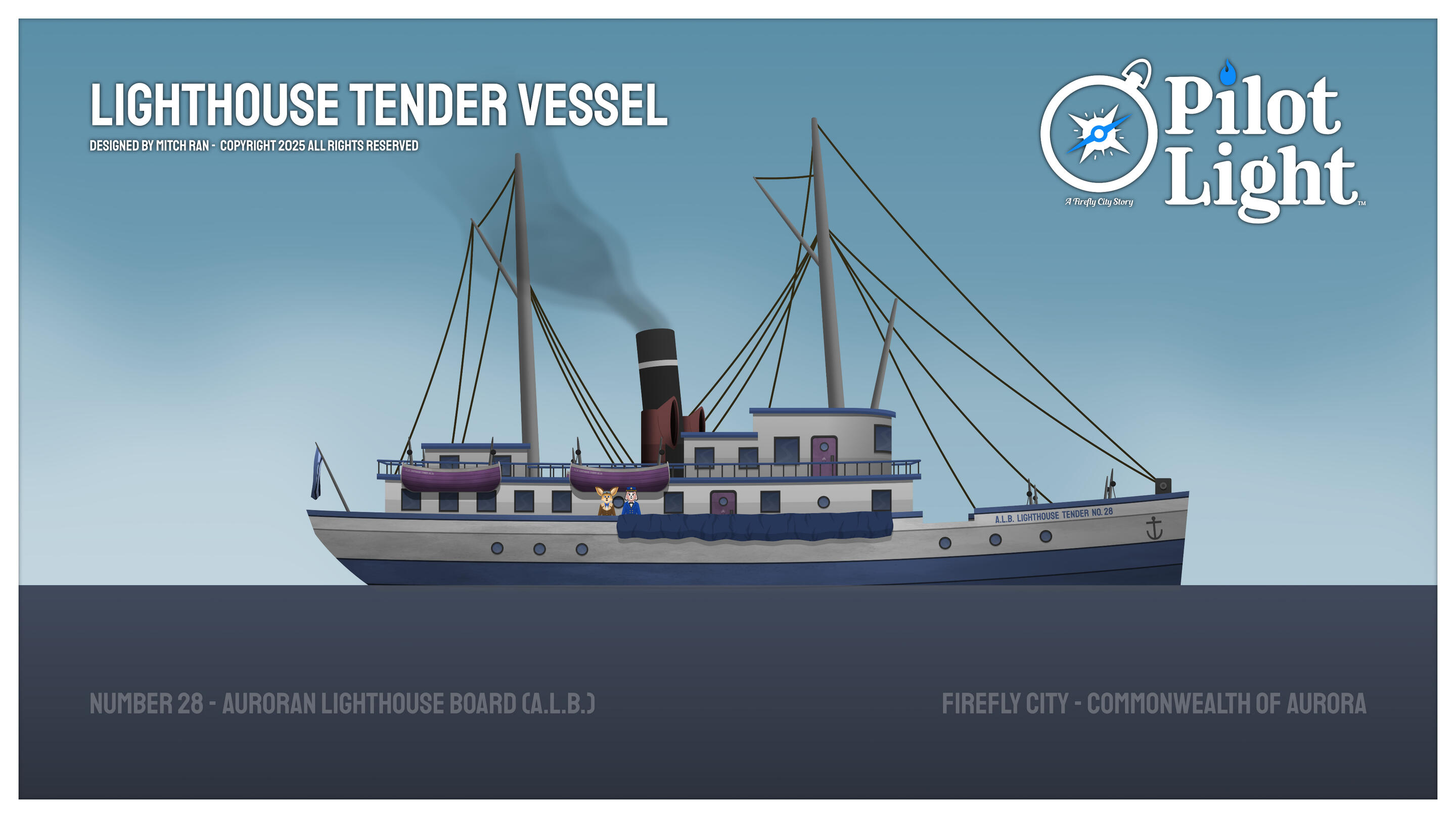 Auroran Lighthouse Board Tender Vessel 28 as seen from the side. Alice and Elsie rigs used for scale reference.