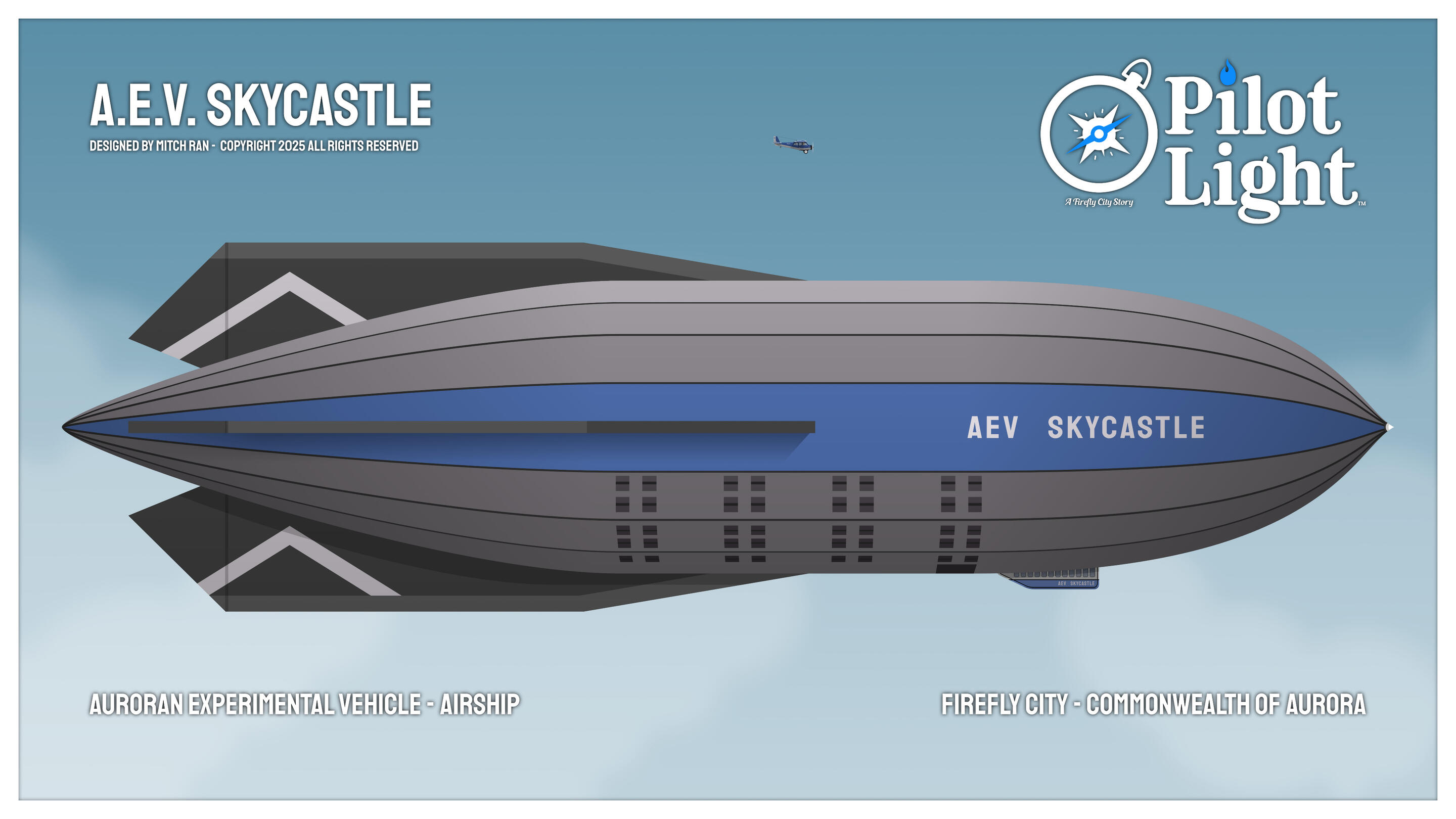 A.E.V. Skycastle as seen from the side. Shown here in scale comparison to the airplane Bluefire. A.E.V. Skycastle as seen from the side. Shown here in scale comparison to the airplane Bluefire.