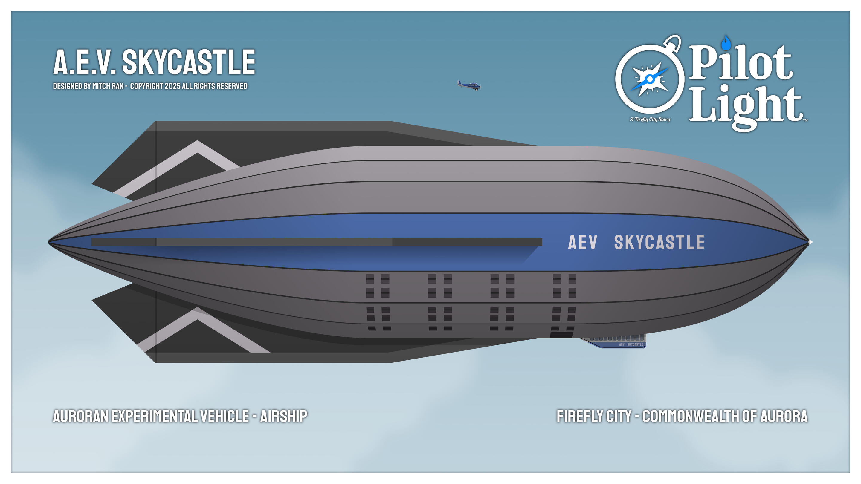 A.E.V. Skycastle as seen from the side. Shown here in scale comparison to the airplane Bluefire.