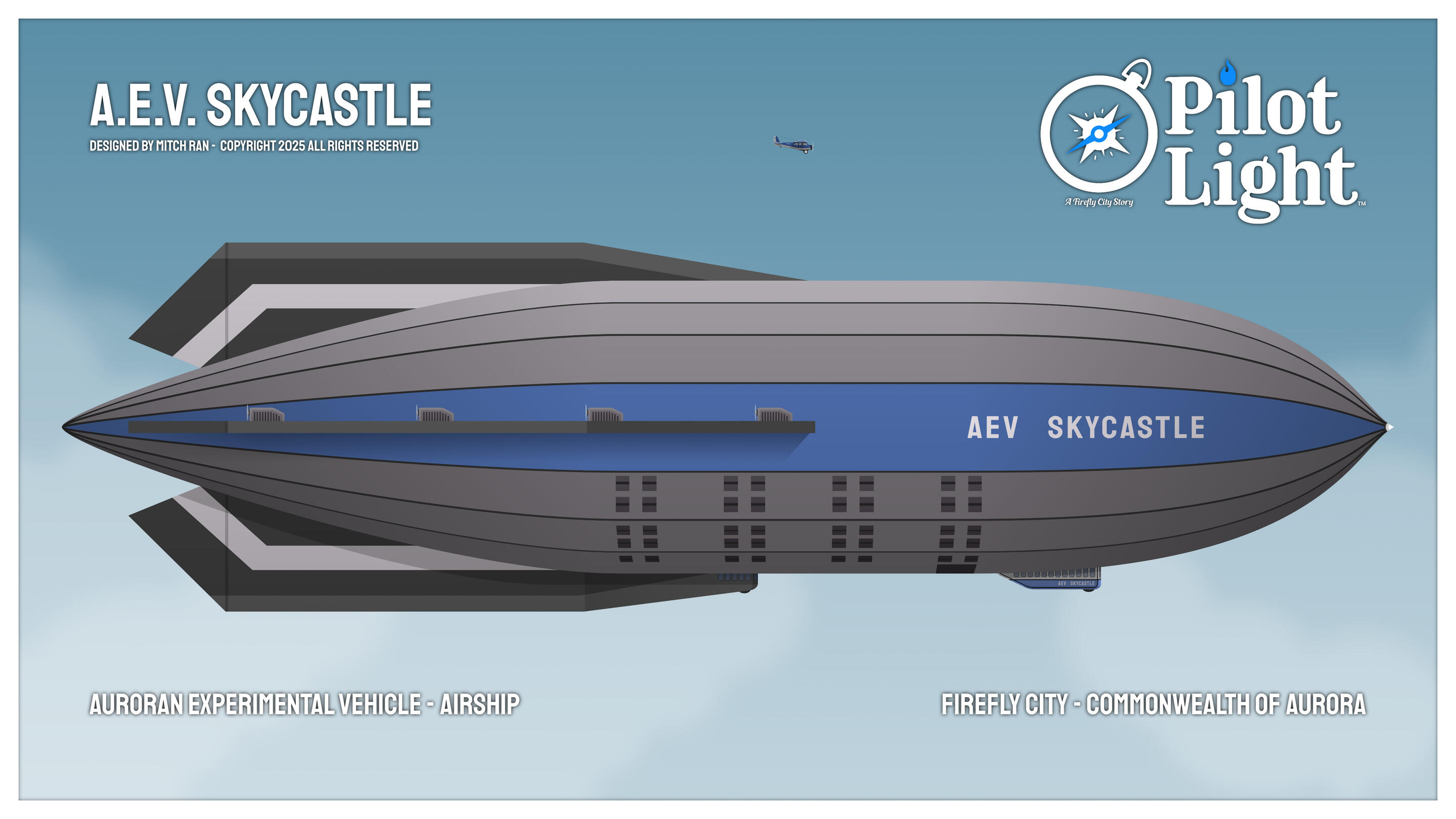 A.E.V. Skycastle as seen from the side. Shown here in scale comparison to the airplane Bluefire.