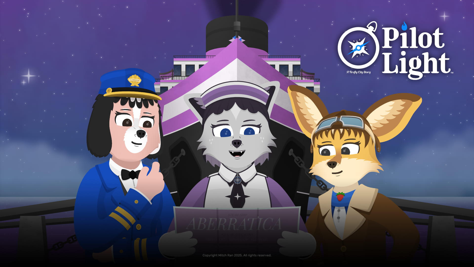 Alice Shelton, Jessie Greenflower, and Elsie Adams look at a paper map while standing in front of the ocean liner SS Aberratica.