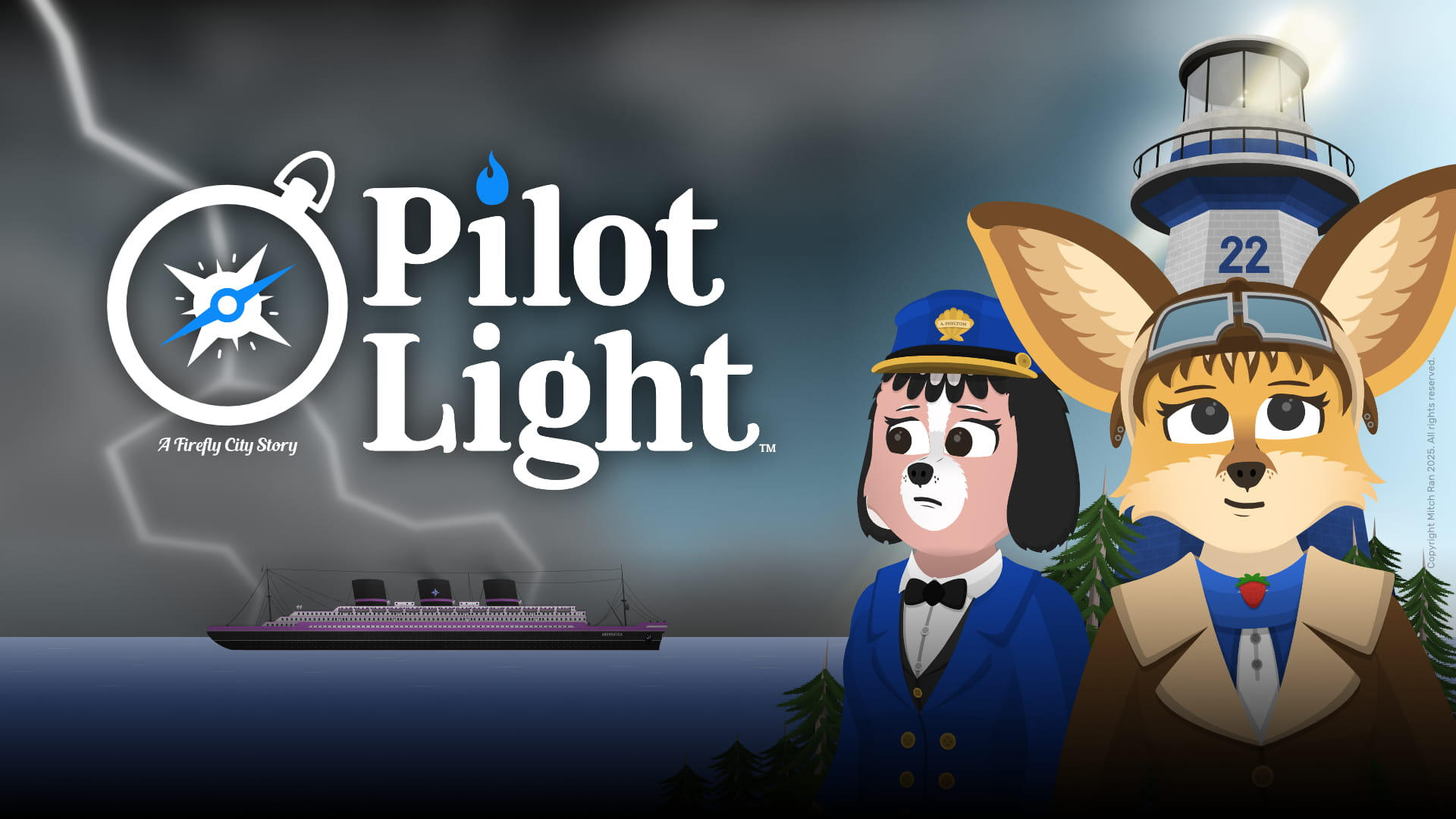 Elsie Adams (front) and Alice Shelton in front of the Half Moon Island lighthouse with the ocean liner S.S. Aberratica in the distance.