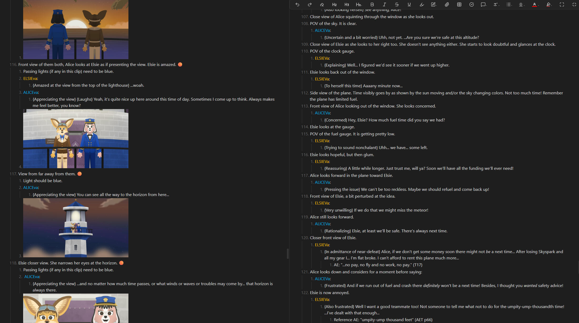 The storyboard/script combination for part of Pilot Light Chapter One, alongside part of the script outline for Pilot Light Chapter Two. As with my other animation projects, the script outline is written first, which guides the artwork, which guides edits