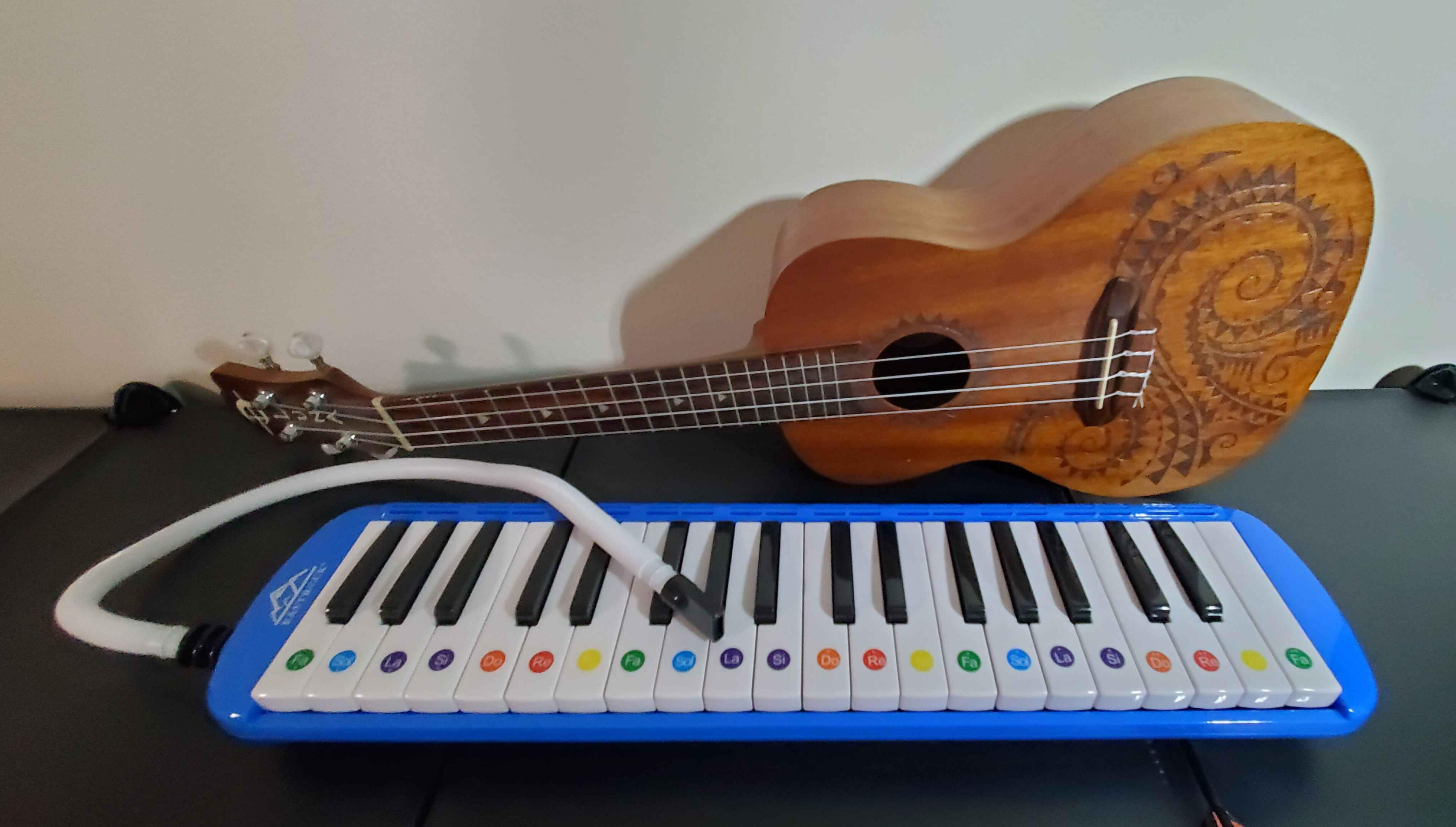 The ukulele and melodica I use for some of the music in this project. The instruments aren't super high-quality, but they get the job done lol.