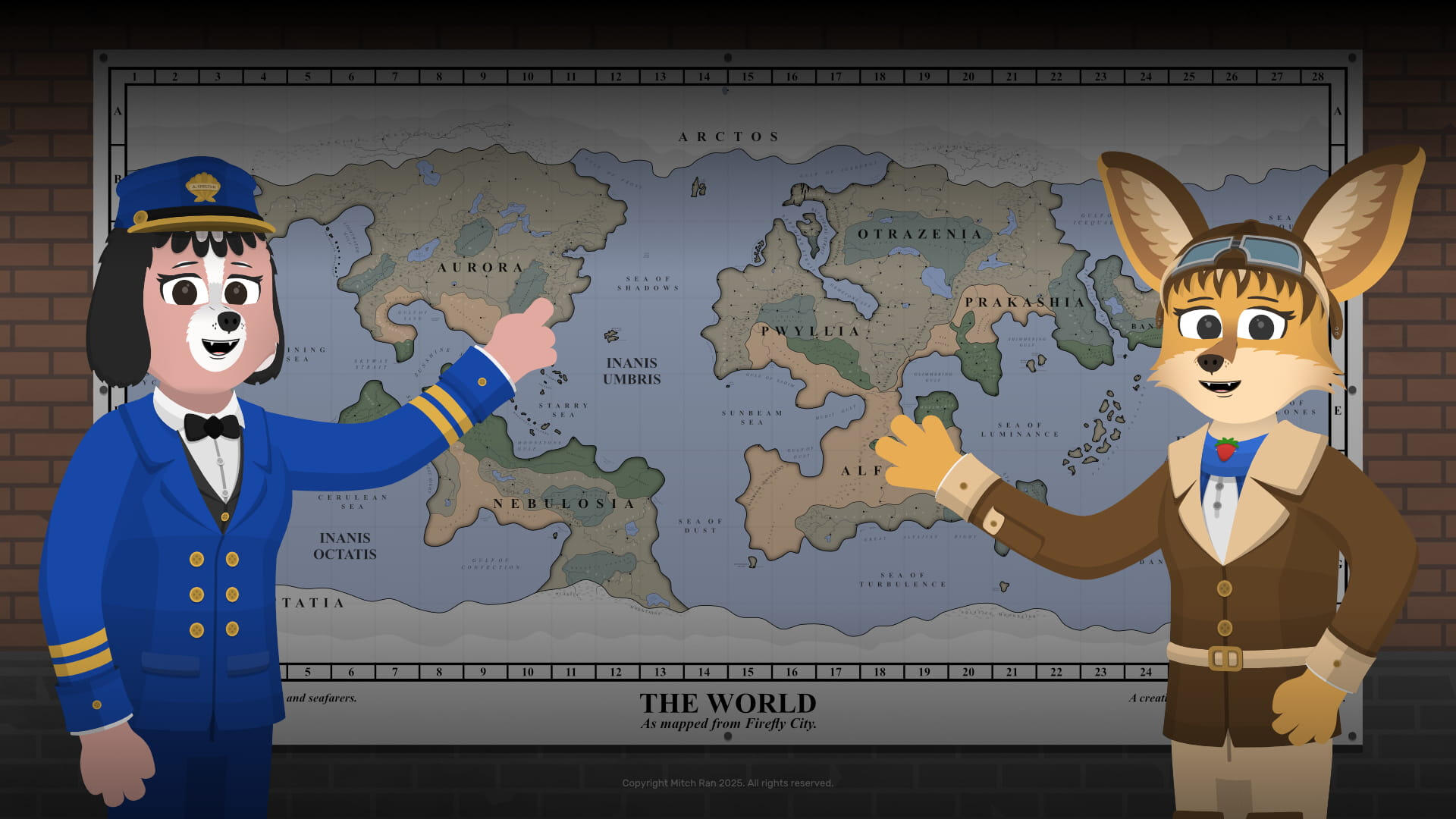 Alice Shelton and Elsie Adams point at a map of the world of Firefly City Stories.