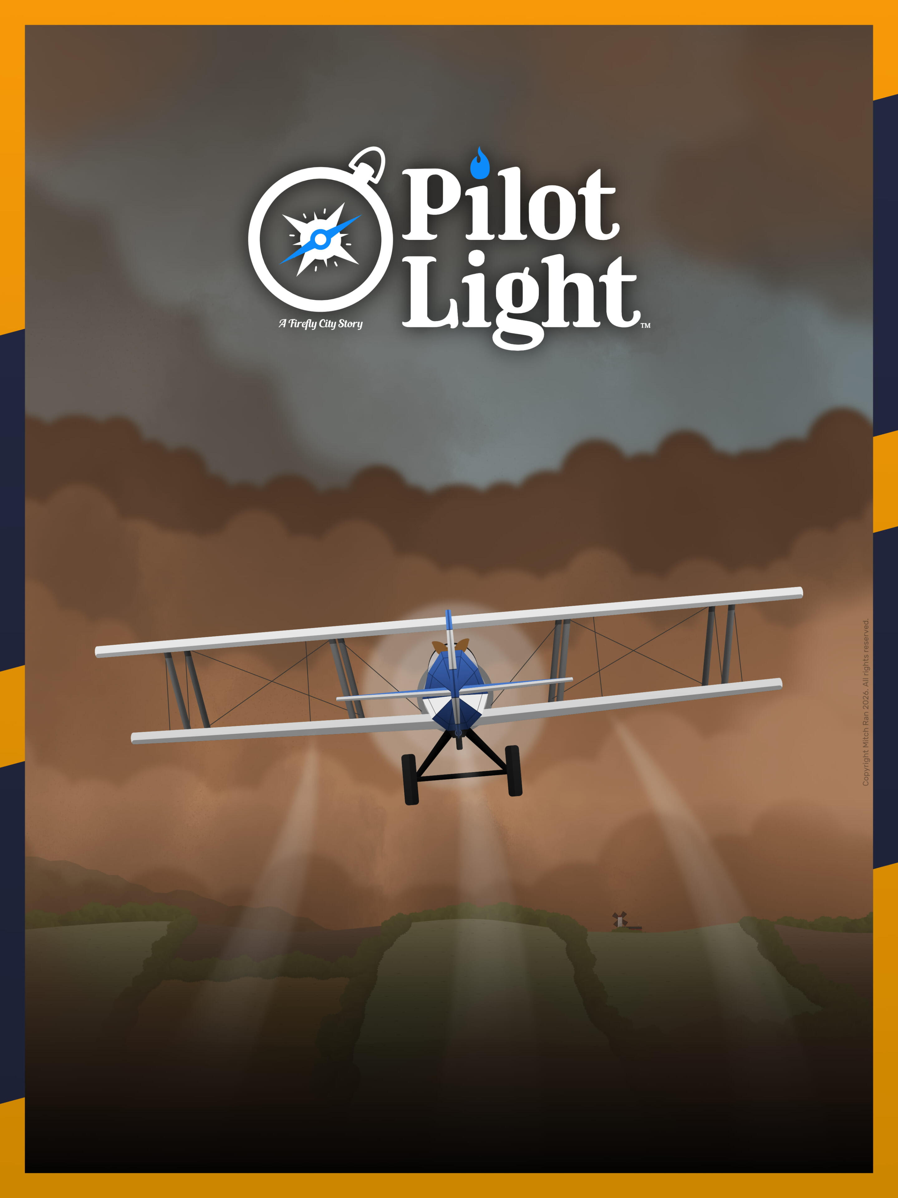 A promotional poster for Pilot Light featuring Elsie Adams flying toward an approaching dust storm in her biplane Skyspark.